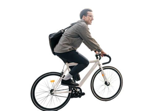 A male cyclist rides a bicycle with a bag going to the office to work eco transport for the city . Transparent isolated background.p - Powered by Adobe