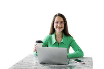 A young female administrator is a specialist copywriter working online using a laptop on the desktop. Transparent isolated background.
