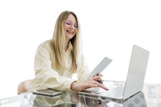 Considers the budget accounting online uses a laptop computer. A smart woman with glasses is typing a text message. Transparent isolated background.