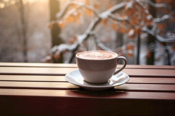 Obraz premium The brown and white aesthetics of coffee and a snowy landscape evoke the enchanting charm of winter in December.