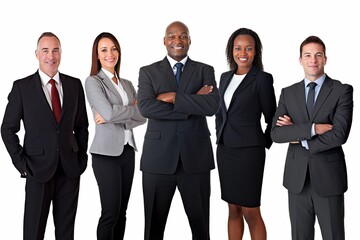 Building Success Together: A Multicultural Business Team, Smartly Dressed and Diverse in Age, Comes Together on a White Background to Create a Powerful Unity