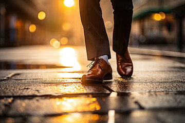 Determined Stride of Businessman in Polished Dress Shoes on Urban Street. Concept Of Motivation and Success.