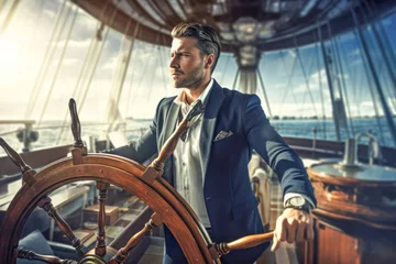 Foto auf Acrylglas A businessman at the helm of a yacht, representing the idea of setting sail in the world of business, ready to navigate new opportunities and challenges. © EdNurg