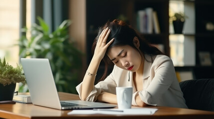 Asian woman office worker who is dizzy and stressed about working in front of a laptop - obrazy, fototapety, plakaty