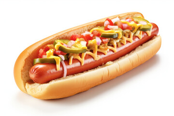 A close-up of a hotdog adorned with mustard and ketchup, highlighting its delicious and satisfying nature as a fast-food favorite.