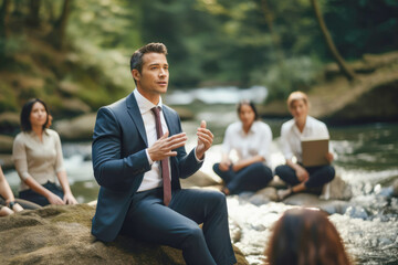 A group of businessmen and professionals enjoying an open-air picnic in a park, highlighting the corporate emphasis on eco-friendly and creative environments that connect with nature. - Powered by Adobe