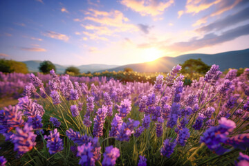 Naklejka premium The scenic lavender fields, filled with colorful magenta and purple blooms, create a stunning natural landscape for outdoor enthusiasts.
