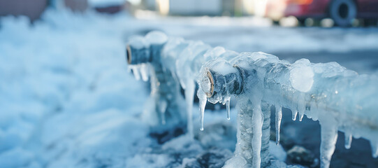 The frigid winter weather takes a toll on outdoor water pipes, leading to the common problem of frozen pipes and water scarcity. - obrazy, fototapety, plakaty