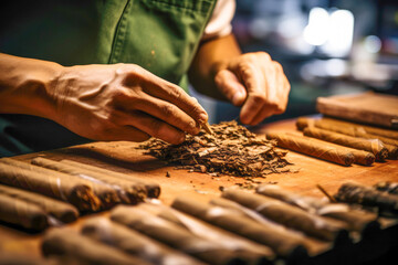 A scene of a cigar-making facility, showcasing the production process with a focus on the hands of the craftspeople, and the brown tobacco leaves