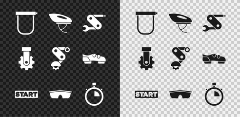 Set Bicycle lock, helmet, Swiss army knife, Ribbon in finishing line, Sport cycling sunglasses, Stopwatch, Derailleur bicycle rear and icon. Vector - obrazy, fototapety, plakaty