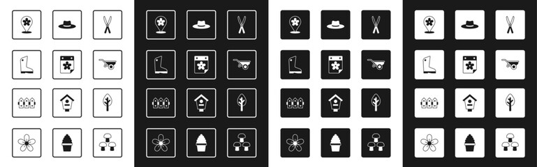 Set Gardening handmade scissors, Calendar with flower, Rubber gloves, Location, Wheelbarrow dirt, Gardener worker hat, Forest and fence wooden icon. Vector