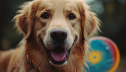 A playful young golden retriever sitting outdoors, smiling at camera generative AI