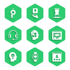 Set Head puzzles strategy, Smart watch, Customer product rating, Calendar, Human with lamp bulb, Headphones, Old hourglass sand and Whistle icon. Vector