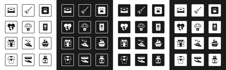 Set Paw print, Humanitarian aid, The heart world - love, Donation and charity, Mop, food box and Gift icon. Vector