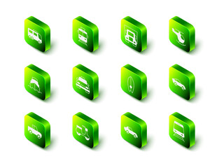 Set Tram and railway, Delivery cargo truck, Helicopter, Car, Train, Surfboard, and Scooter icon. Vector