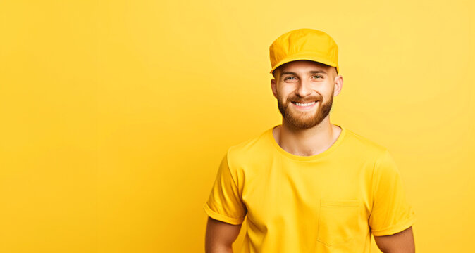 Hombre joven en uniforme amarillo con gorra amarilla y fondo amarillo sonriendo