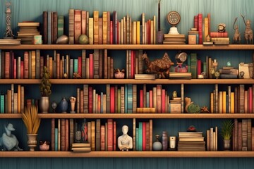 Digital picture depicting a collection of books placed on a shelf. Generative AI