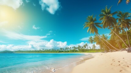 Beach background. Beautiful beach landscape. Tropical nature scene. Palm trees and blue sky