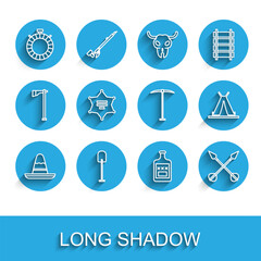 Set line Mexican sombrero hat, Shovel, Canteen water bottle, Whiskey, Crossed arrows, Hexagram sheriff, Indian teepee or wigwam and Pickaxe icon. Vector