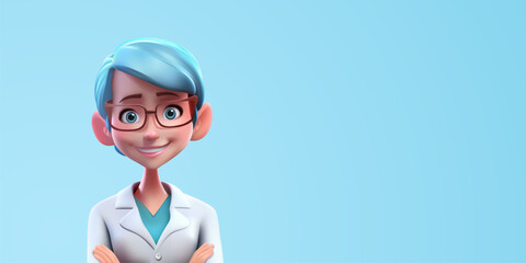 3d female doctor avatar. Cartoon detailed render, medical consultation on horizontal background, professional therapist woman, vector banner