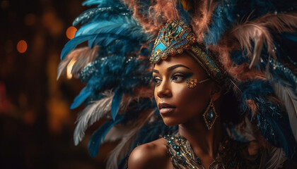 Beautiful Brazilian dancer in traditional costume performs at nighttime celebration generative AI