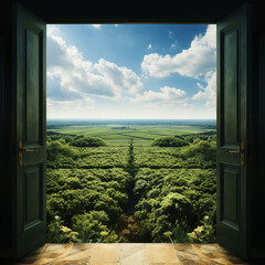 Open house door stands in a green landscape.