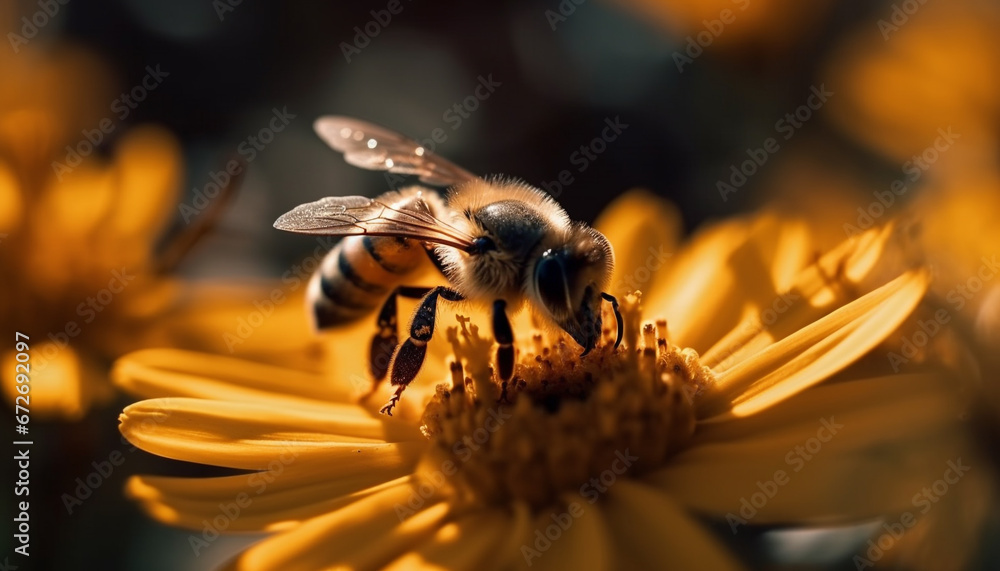 Sticker Busy honey bee collecting pollen from vibrant yellow flower head generative AI