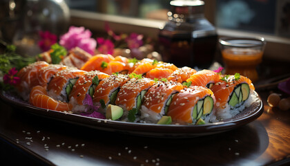 Freshness on a plate  seafood, sashimi, maki sushi, nigiri, rice generated by AI