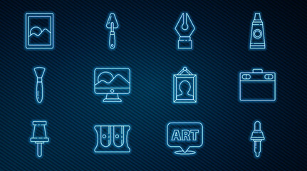 Set line Pipette, Graphic tablet, Fountain pen nib, Computer monitor screen, Paint brush, Picture and Palette knife icon. Vector