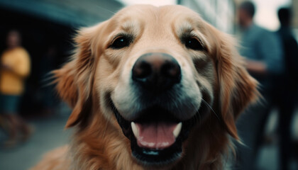 Smiling purebred retriever puppy sitting outdoors, looking at camera with loyalty generative AI