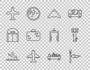 Set line Plane landing, Cone meteorology windsock wind vane, Jet fighter, Suitcase, Airport luggage towing truck and Aircraft steering helm icon. Vector - obrazy, fototapety, plakaty