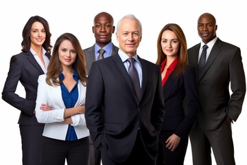 Diverse Wisdom and Energy: A Multicultural Business Team, Smartly Dressed, Embraces Age Diversity on a White Background, Bringing Together the Best of All Worlds