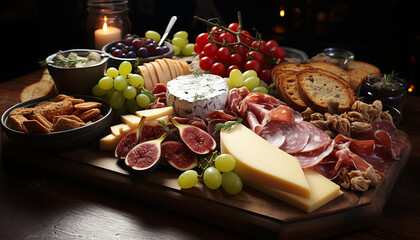 Freshness and variety on a rustic wooden table, a gourmet feast generated by AI