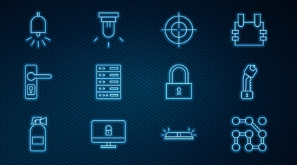 Set line Graphic password protection, Police electric shocker, Target sport, Server, Data, Web Hosting, Door handle, Ringing alarm bell, Lock and Motion sensor icon. Vector