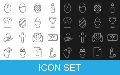 Set line Burning candle in candlestick, Greeting card with Happy Easter, Christian chalice, egg, cake, Broken and on stand icon. Vector