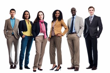 Obraz premium Bridging Generations: A Multicultural Business Team, Dressed for Success, Comes Together on a White Background, Emphasizing the Power of Diversity in Age and Culture