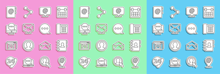 Set line Location and mail and e-mail, Address book, Telephone, Mail, Envelope, Chat messages notification monitor, and Speech bubble chat icon. Vector