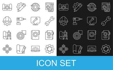 Set line Gear and arrows as workflow, Document settings pen, Wrench spanner, Electric drill machine, Worker safety helmet gear, Graphing paper and Location with wrench icon. Vector