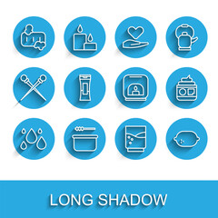 Set line Water drop, Sauna bucket and ladle, Bar of soap with foam, Glass water, Lemon, Bottle shampoo, Cream or lotion cosmetic tube and Aroma lamp icon. Vector