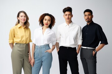 Obraz premium Bridging Generations: A Multicultural Business Team, Dressed for Success, Comes Together on a White Background, Emphasizing the Power of Diversity in Age and Culture