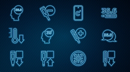 Set line Medical thermometer, Celsius, High human body temperature, Meteorology, and Digital icon. Vector
