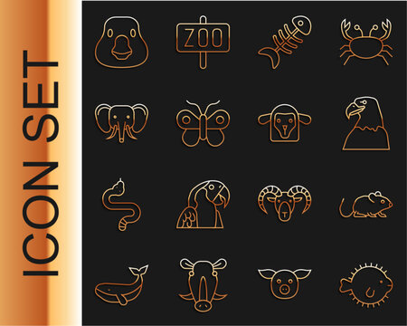 Set line Puffer fish, Rat, Eagle head, Fish skeleton, Butterfly, Elephant, Goose bird and Sheep icon. Vector