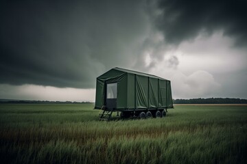Mobile shelter on a cloudy field. Generative AI