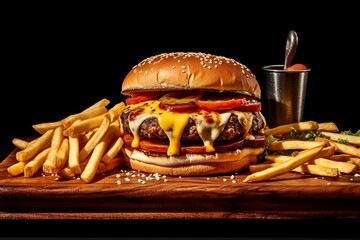 savory fiery cheesy burger, fries, beverage. Generative AI - obrazy, fototapety, plakaty
