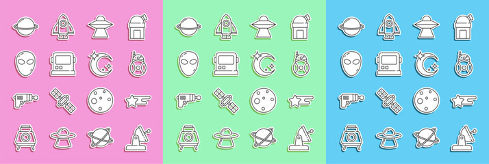 Set line Satellite dish, Falling star, Robot, UFO flying spaceship, Astronaut helmet, Alien, Planet Saturn and Moon and stars icon. Vector