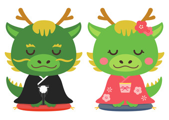 年賀状素材 辰年 辰の夫婦イラスト（着物）