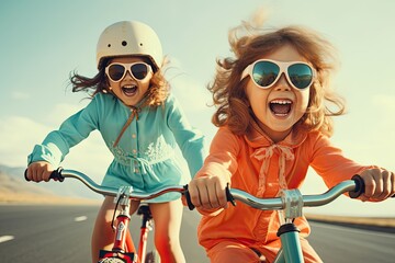 Happy children, two girls, ride bicycles and wear helmets for safety reasons. They are having fun and enjoying a day of relaxation and outdoor exercise. - obrazy, fototapety, plakaty