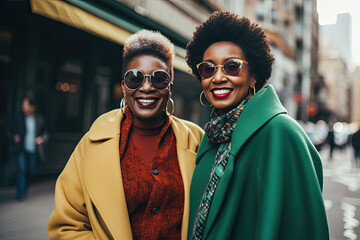 Two happy stylish girlfriends in the city.