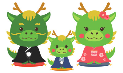 年賀状素材 辰年 辰の親子イラスト（着物）