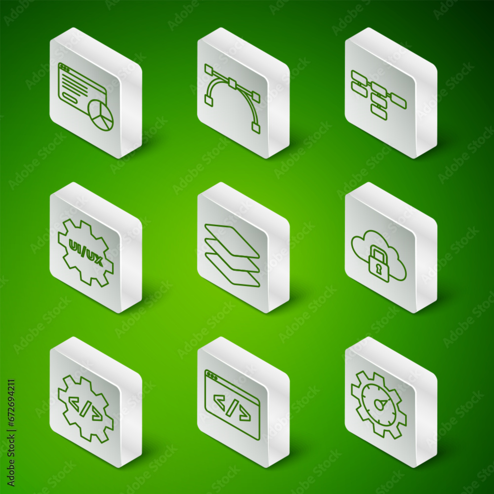 Poster set line website statistic, front end development, layers, ui or ux design, bezier curve, and cloud 